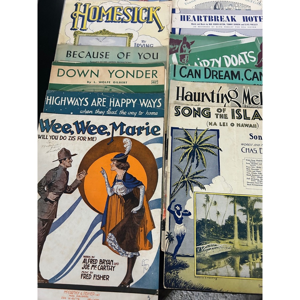 Sheet Music Bulk Lot Vintage Antique Piano Vocal Heartbreak Hotel Wee Wee Marie